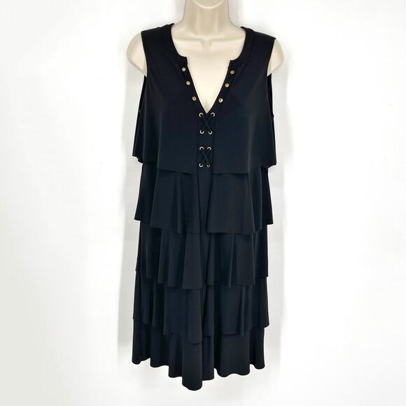 Joseph Ribkoff Lace Up V-Neck Sleeveless Dress Sz 10 Black Ruffle Layers Tiered - Picture 1 of 11